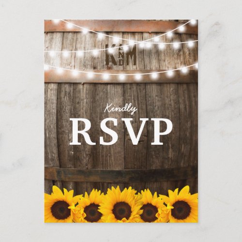 Rustic Country Wedding RSVP | Sunflower Lights Invitation Postcard - SUNFLOWER VINEYARD WEDDING RSVP POSTCARDS | Country barn dark oak barrel background, twinkle string lights, golden yellow sunflowers, your monogram and a modern rsvp template. Find other wood wedding response cards at http://www.zazzle.com/special_stationery