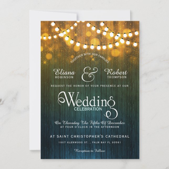 Rustic country wedding string lights bokeh invitation (Front)