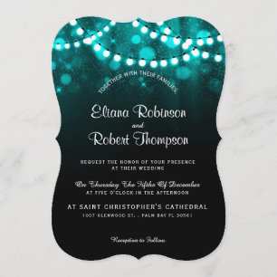 Rustic country wedding string lights turquoise invitation
