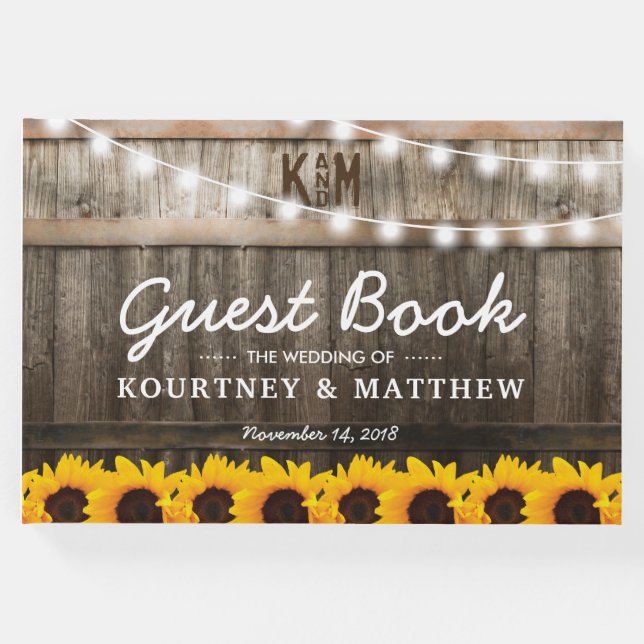 Rustic Country Wedding | Sunflower String Lights Guest Book (Front)