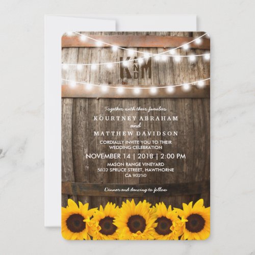 Rustic Country Wedding | Sunflower String Lights Invitation - SUNFLOWER VINEYARD WEDDING INVITATION | Country barn dark oak barrel background, twinkle string lights, golden yellow sunflowers, your monogram and modern wedding wording. Find other wood wedding invitations at http://www.zazzle.com/special_stationery