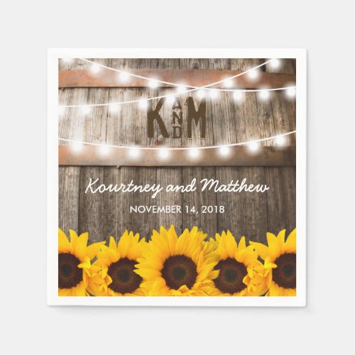 Rustic Country Wedding | Sunflower String Lights Napkins - SUNFLOWER VINEYARD PARTY NAPKINS | Country barn dark oak barrel background, twinkle string lights, golden yellow sunflowers, your monogram and modern wedding wording. Find other wood wedding napkins at http://www.zazzle.com/special_stationery
