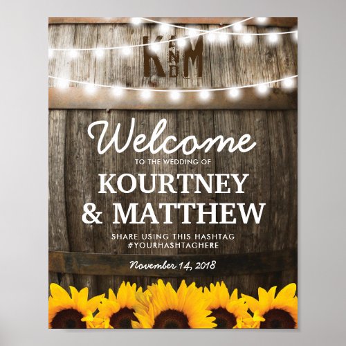 Rustic Country Wedding | Sunflower String Lights Poster - SUNFLOWER VINEYARD WEDDING POSTER | Country barn dark oak barrel background, twinkle string lights, golden yellow sunflowers, your monogram and modern wedding wording. Find other wood wedding poster at http://www.zazzle.com/special_stationery
