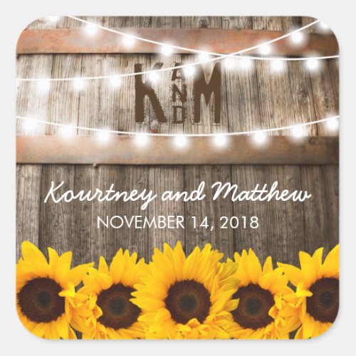 Rustic Country Wedding | Sunflower String Lights Square Sticker - SUNFLOWER VINEYARD WEDDING STICKERS | Country barn dark oak barrel background, twinkle string lights, golden yellow sunflowers, your monogram and modern wedding wording. Find other wood wedding stickers at http://www.zazzle.com/special_stationery