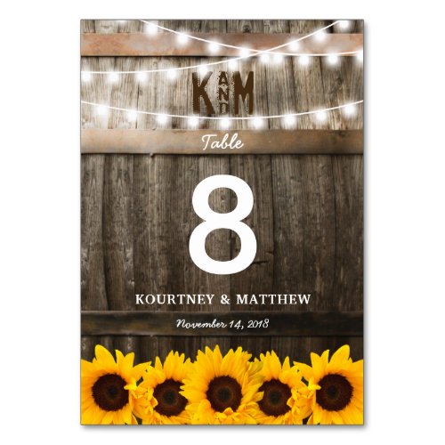Rustic Country Wedding | Sunflower Table Numbers - SUNFLOWER VINEYARD WEDDING TABLE NUMBERS | Country barn dark oak barrel background, twinkle string lights, golden yellow sunflowers and your monogram. Click on the “Customize it” button for further personalization of this template. You will be able to modify all text, including the style, colors, and sizes. You will find matching items further down the page, if however you can't find what you looking for please contact me.