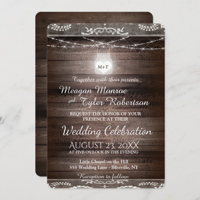 Rustic Country Wedding w/ Lace & Mason Jar Invitation (Front/Back)