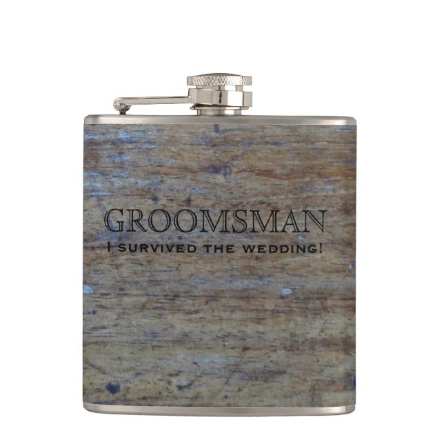 Rustic Country Wedding Wood | Funny Groomsman Flask (Front)
