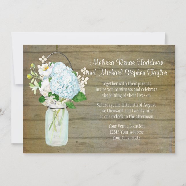 Rustic Country Weddings Mason Jar Blue Hydrangeas Invitation (Front)