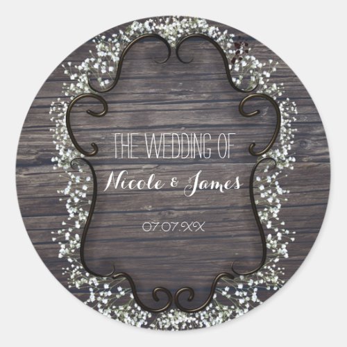 Rustic Country Western Babys Breath  Wood Classic Round Sticker