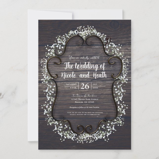 Rustic Country Western Babys Breath & Wood Invitation (Front)