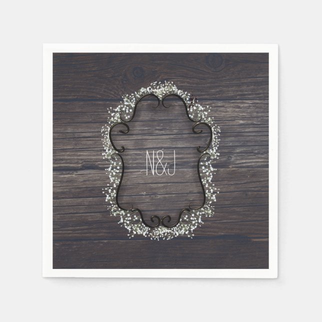 Rustic Country Western Babys Breath & Wood Paper Napkins (Front)
