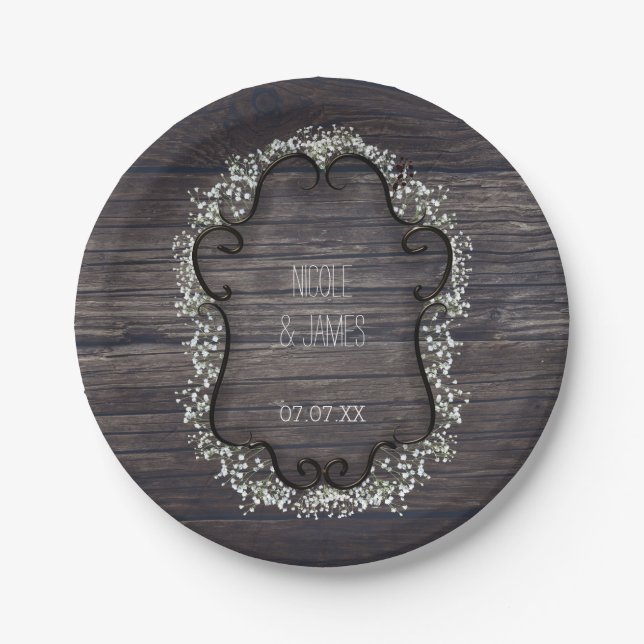 Rustic Country Western Babys Breath & Wood Paper Plates (Front)