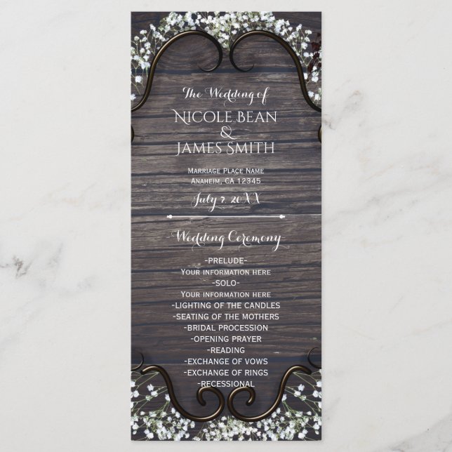 Rustic Country Western Babys Breath & Wood Program (Front)