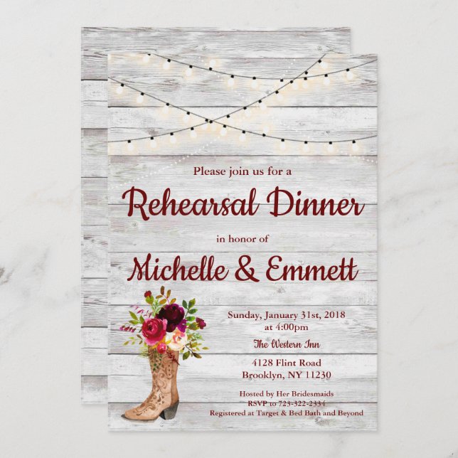 Rustic Country Western Boot Boho Rehearsal Dinner Invitation (Front/Back)