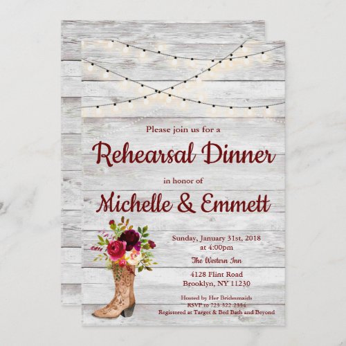 Rustic Country Western Boot Boho Rehearsal Dinner Invitation