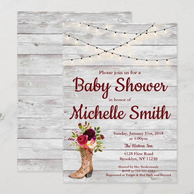 Rustic Country Western Boot Vintage Baby Shower Invitation (Front/Back)