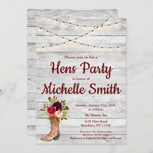 Rustic Country Western Boot Vintage Hens Party Invitation