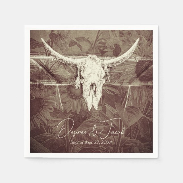 Rustic Country Western Brown Sunflowers Bull Skull Napkins (Front)