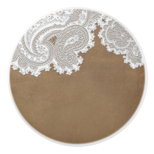 Rustic Country Western Brown  White Lace Elegant Ceramic Knob