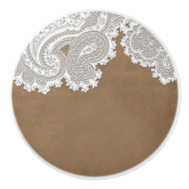 Rustic Country Western Brown & White Lace Elegant Ceramic Knob (Front)