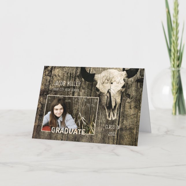Rustic Country Western Bull Cow Skull Graduation Announcement (Front)