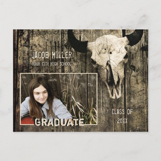 Rustic Country Western Bull Cow Skull Graduation Postcard (Front)