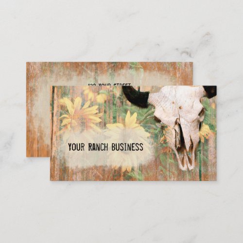 Rustic Country Western Bull Skull Sunflowers Wood Business Card