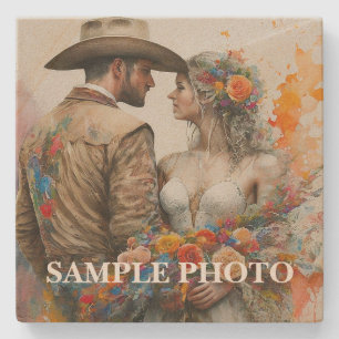 Rustic Country Western Couple Custom Photo Wedding Stone Coaster