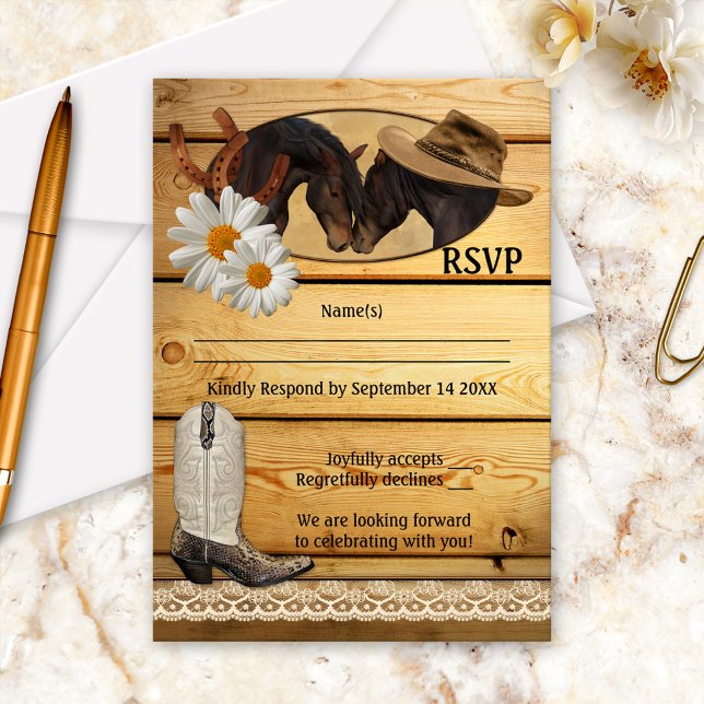 Rustic Country Western Horses RSVP Card (Rustic wedding RSVP card featuring two romantic horses with a hat, cowboy boot, daisies and lace)