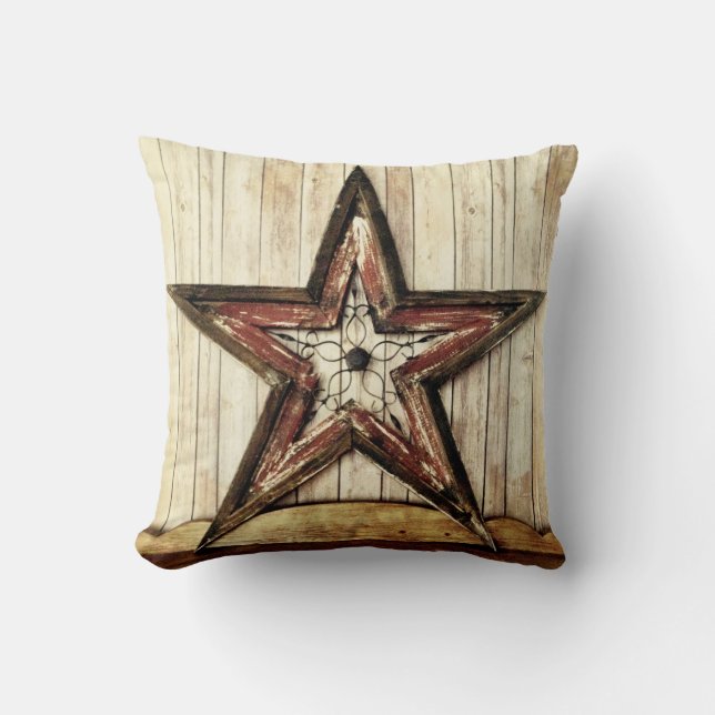 Rustic Country Western Star Barn Wood Throw Pillow (Front)