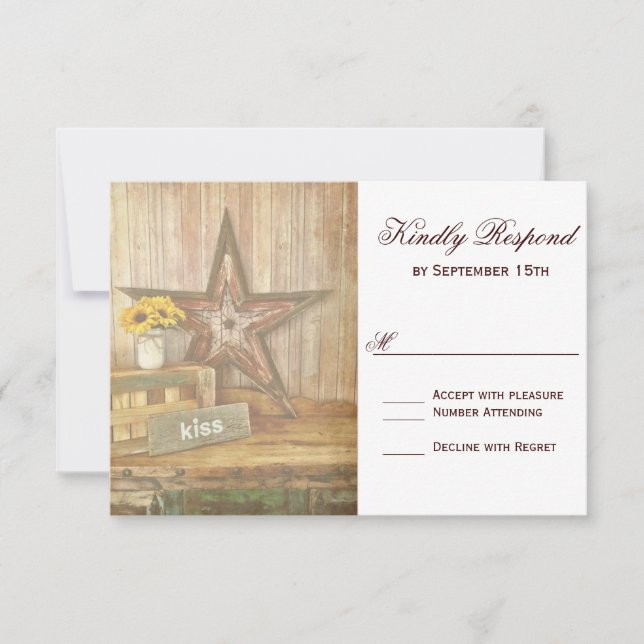 Rustic Country Western Star Kiss Wedding RSVP Card (Front)