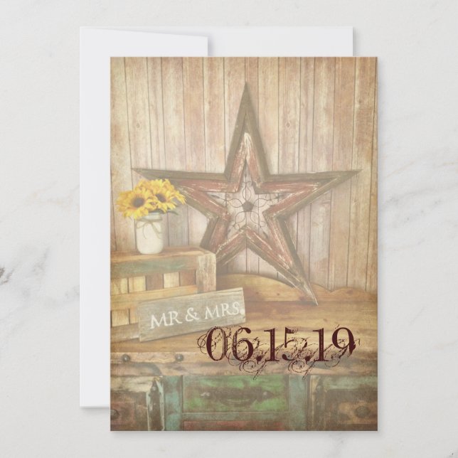 Rustic Country Western Star Wood Wedding Invites (Front)
