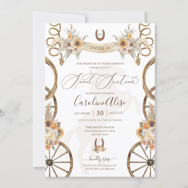 Rustic Country Western Sunflower Boho Sweet 16 Invitation (Front)