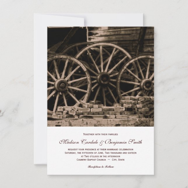 Rustic Country Western Wagon Wheel Wedding Invites (Front)