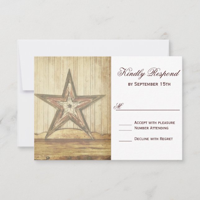 Rustic Country Western Wood Star Wedding RSVP Card (Front)