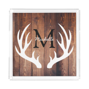 Rustic Country White Deer Antlers Barn Wood Acrylic Tray