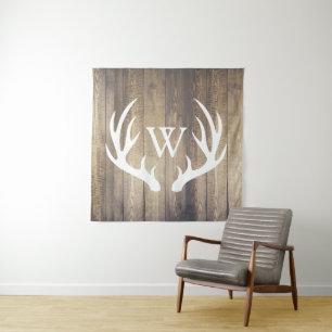 Rustic Country White Deer Antlers Barn Wood Tapestry