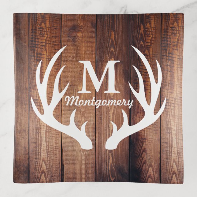 Rustic Country White Deer Antlers Barn Wood Trinket Tray (Front)