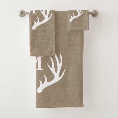 Rustic Country White Deer Antlers  Faux Burlap Bath Towel Set