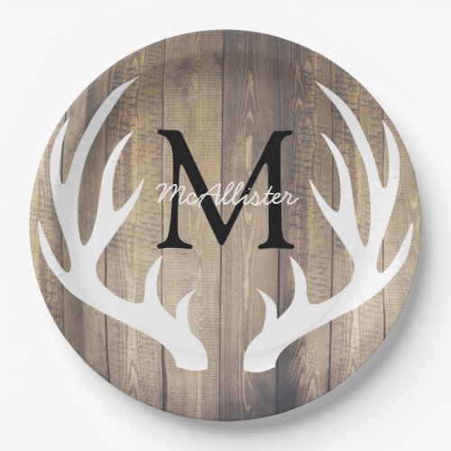 Rustic Country White Deer Antlers Light Barn Wood Paper Plates