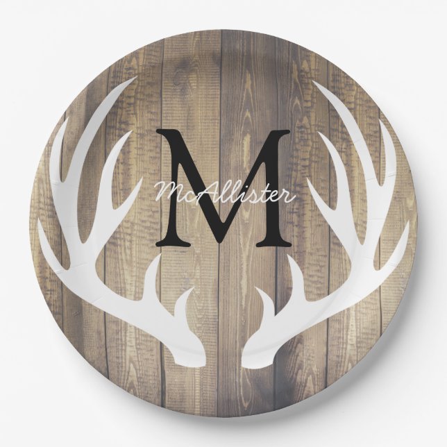 Rustic Country White Deer Antlers Light Barn Wood Paper Plates (Front)
