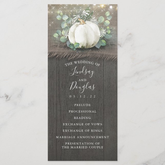 Rustic Country White Pumpkin Wedding Programs (Front)