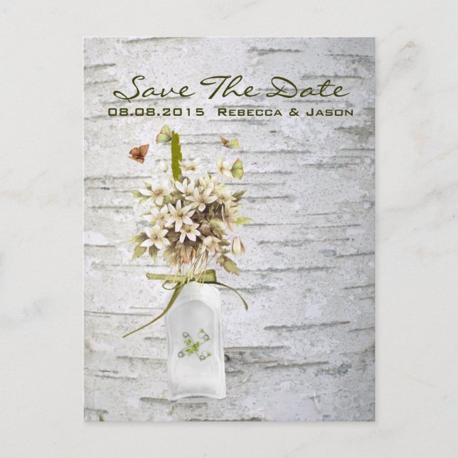 rustic country wildflower white birch wedding announcement postcard (Front)