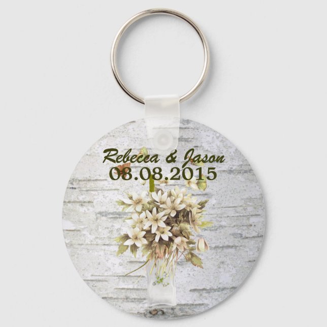 rustic country wildflower white birch wedding keychain (Front)