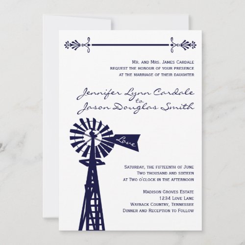 Rustic Country Windmill Navy Wedding Invitations