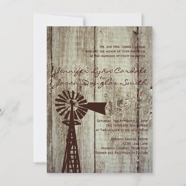 Rustic Country Windmill Wood Wedding Invitations (Front)