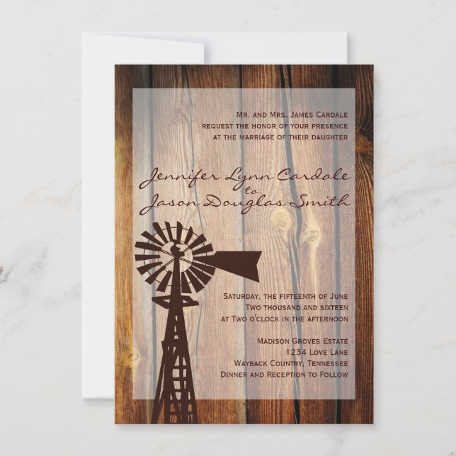 Rustic Country Windmill Wood Wedding Invitations (Front)