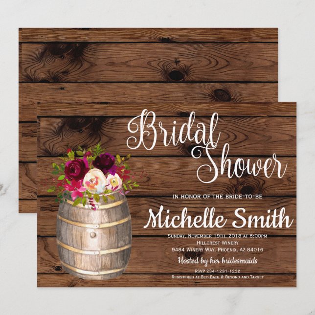 Rustic Country Wine Barrel Burgundy Bridal Shower Invitation (Front/Back)