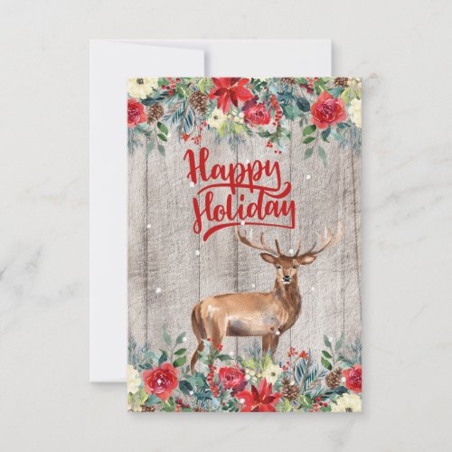 Rustic Country Winter Floral Wood Happy Holiday Card