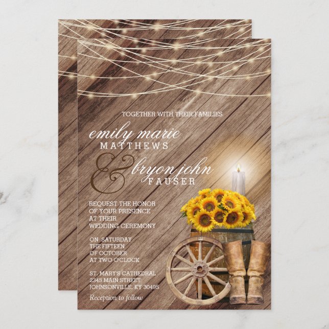 Rustic Country with Wood Barrel and Sunflowers Invitation (Front/Back)